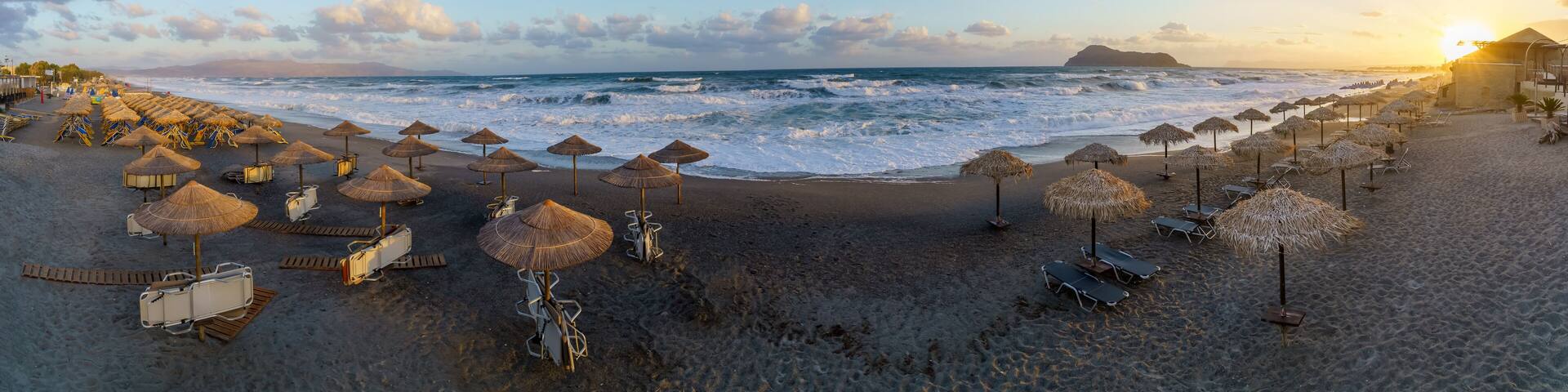 Landscape with Platanias beach at sunrise, Crete island, Greece