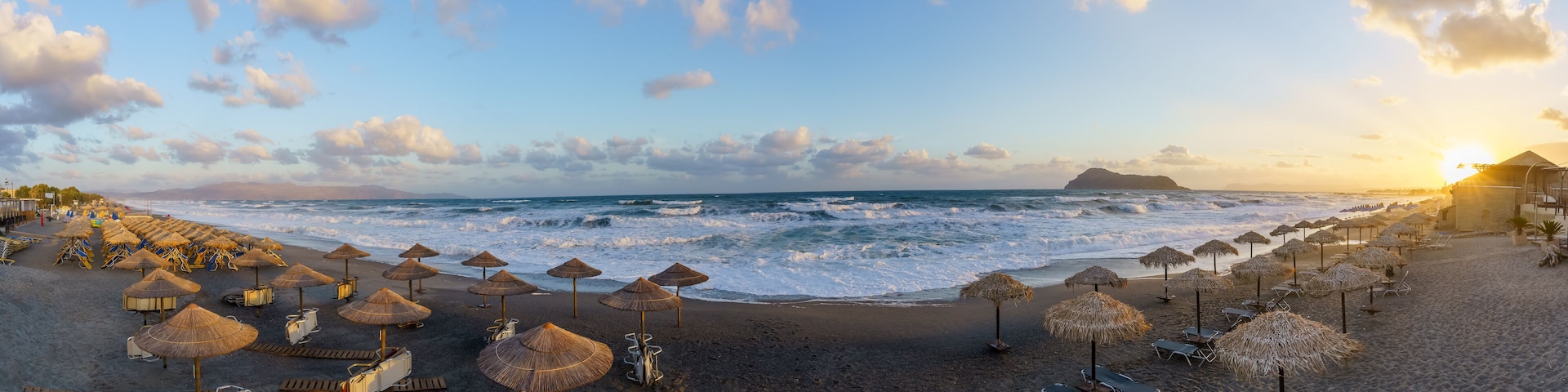 Landscape with Platanias beach at sunrise, Crete island, Greece