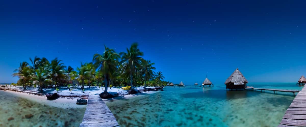 A tropical beach with overwater bungalows, palm trees, and clear turquoise waters.