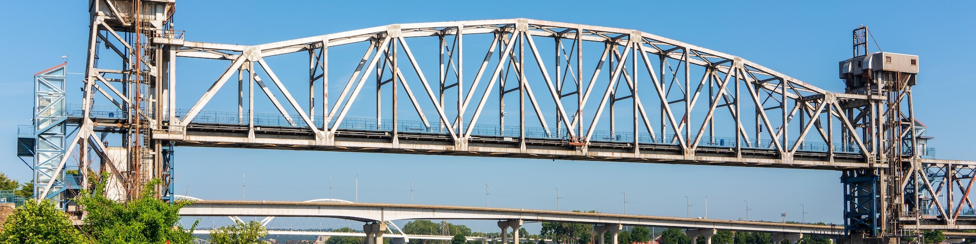 Junction Bridge over Arkansas River in Little Rock, Arkansas, USA. Historic railroad bridge, converted to a pedestrian and bicycle bridge in downtown Little Rock.