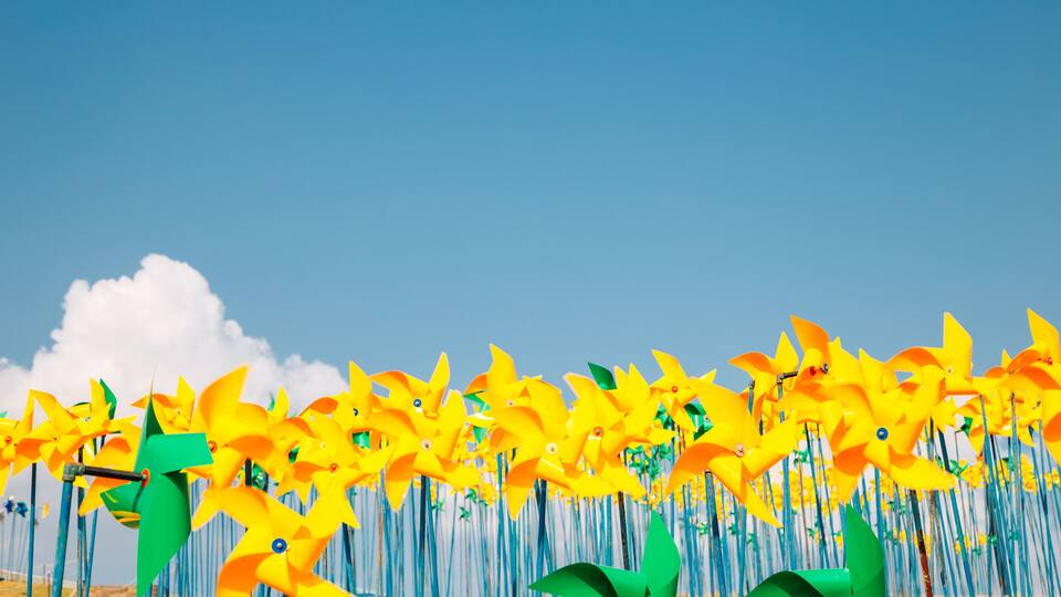 A field of pinwheels with yellow and green colors against a clear blue sky.