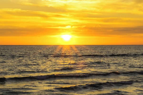 A sunset over the ocean with waves and a bird on the shore.