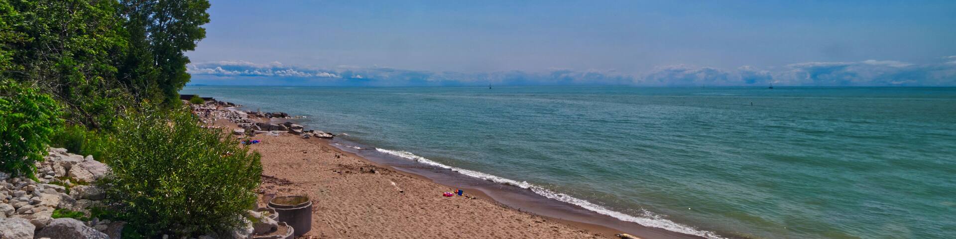 Panoramic view of the boardwalk leading to the pristine beach on Lake Huron at Bayfield, Huron County, ON, Canada