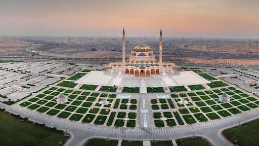 The Sharjah Mosque in the Emirate of Sharjah, the United Arab Emirates aerial view