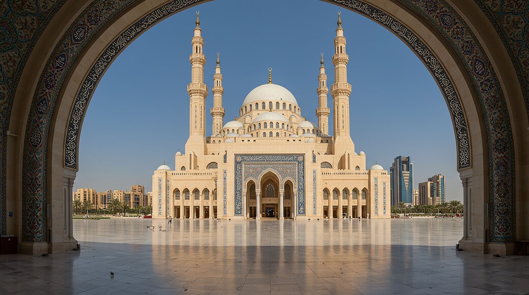 Stunning view of Sharjah Mosque, UAE. Grand domes and tall minarets framed by ornate archway under soft blue sky.