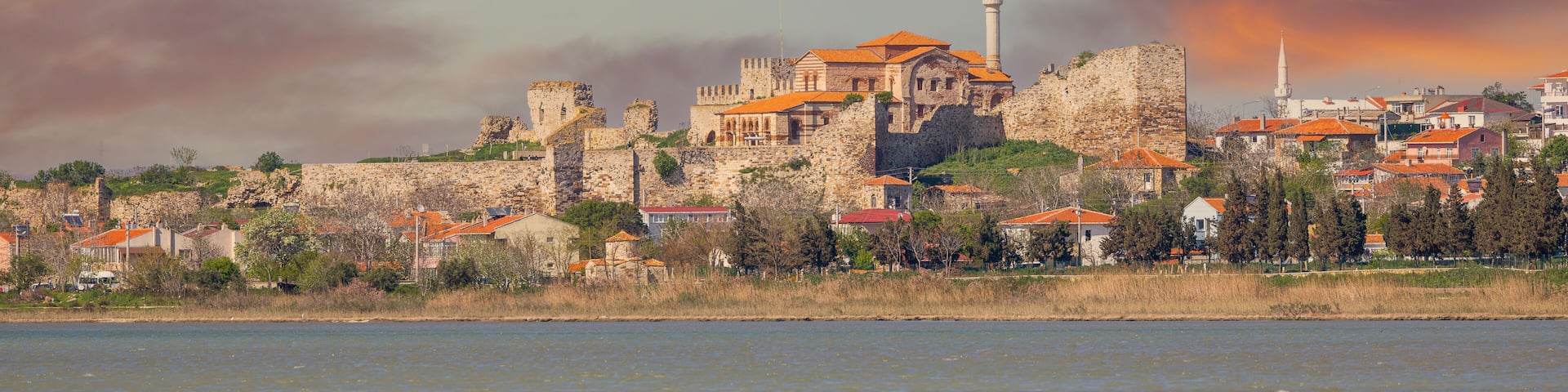 View of Hagia Sophia Mosque, Ancient Mosque Enez (Ainos) Fatih Mosque, built in the 12th century and converted into a mosque in 1455, and Enez (Ainos) castle.