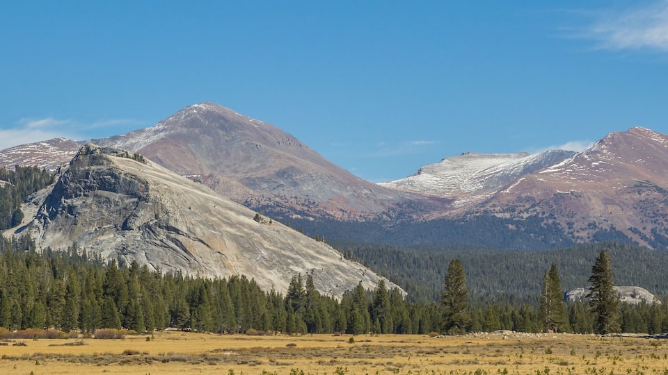 A mountain range with prominent peaks, dense forests, and a clear blue sky.