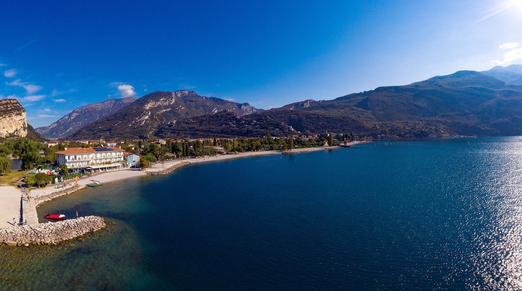 Torbole,Lago di Garda ,Italy - 19 October 2018:A rial Panorama of Torbole and Garda lake in the in the autumn, a small town on Lake Garda, Italy. Europa