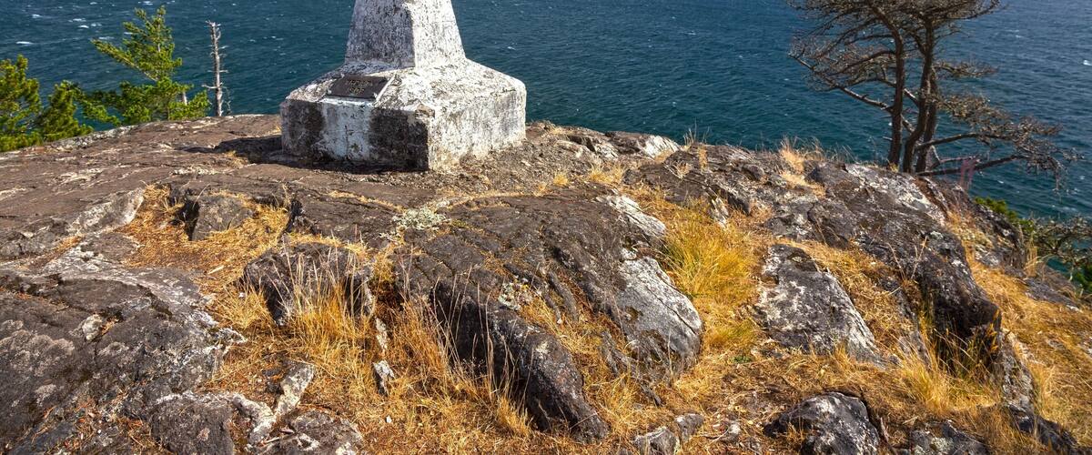 A rocky coastline with a stone monument, a leafless tree, and a view of the ocean and distant mountains.