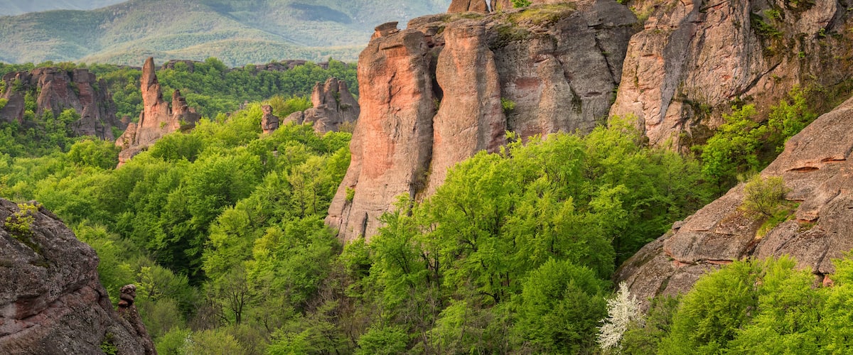 A mountainous landscape with prominent rock formations and a forested valley.