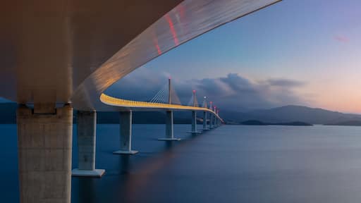 Peljesac Bridge, Croatia. Panoramic image of beautiful modern multi-span cable-stayed Peljesac Bridge over the sea in Dubrovnik-Neretva County, Croatia at sunset.