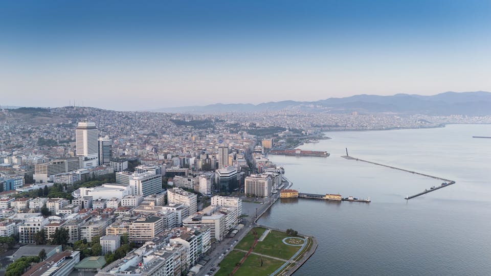 A magnificent morning view of Alsancak, izmir. Good morning izmir, Turkey. Aerial shot.