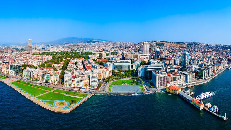 Cumhuriyet square aerial panoramic view in Izmir city in Turkey
