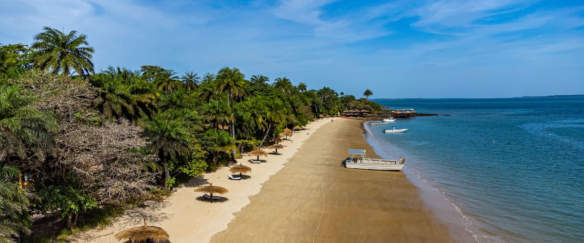 A beach with palm trees, a boat, and a pier.