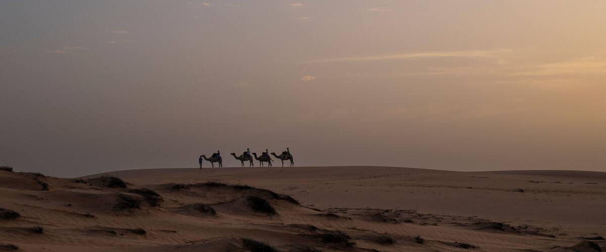 A group of people riding camels across a desert landscape with sand dunes.