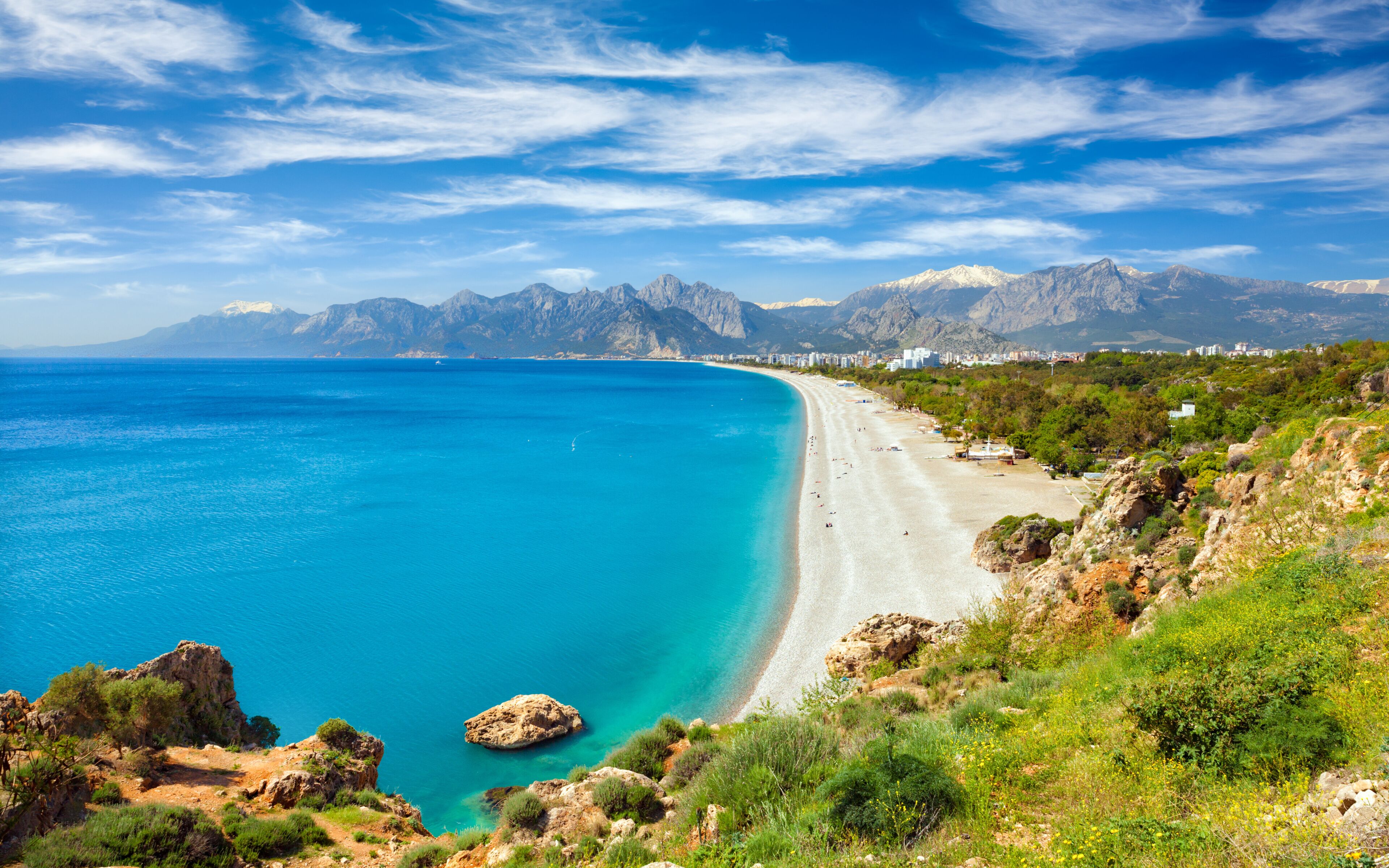 Aerial view of beautiful blue gulf and long Konyaalti beach in Antalya, Turkey.