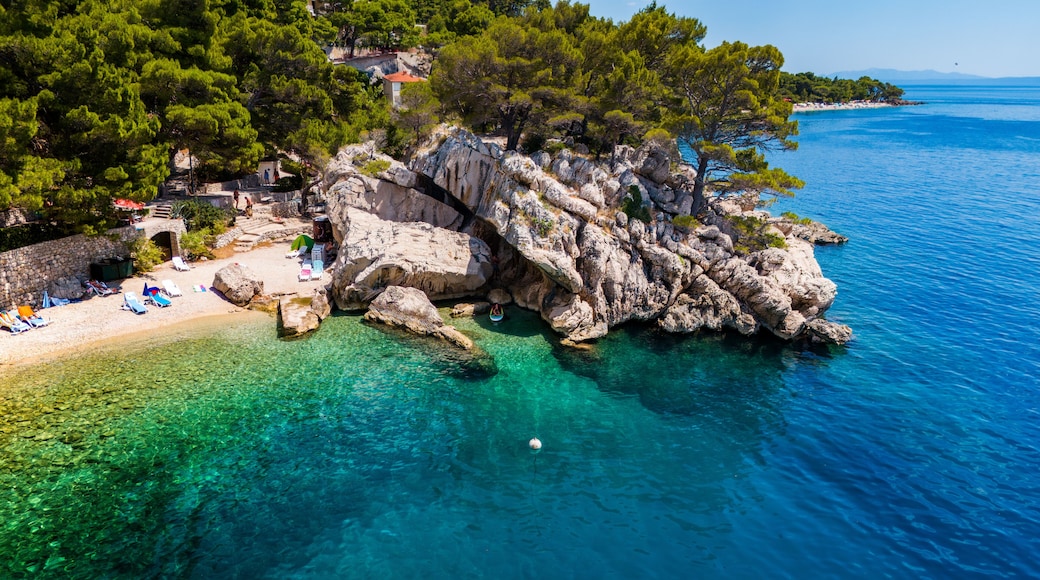 A rocky coastline with clear turquoise waters, a sandy beach with umbrellas, and lush green trees.