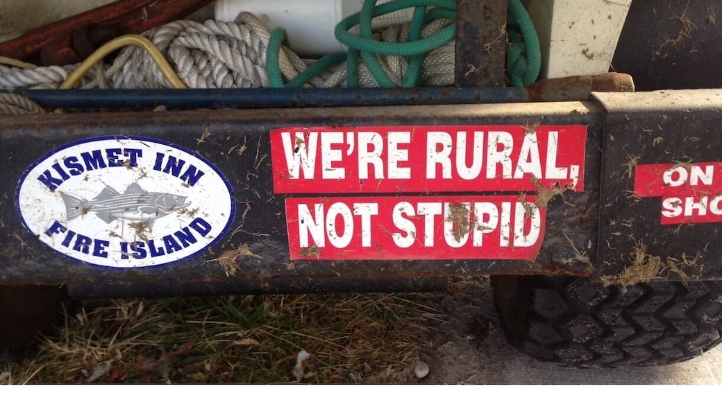 On the back of one of the local golf carts.. Fire island in the winter is VERY rural .. There are no roads! No cars .. No stores on the winter .. Very hard place to live .. I love this sticker !