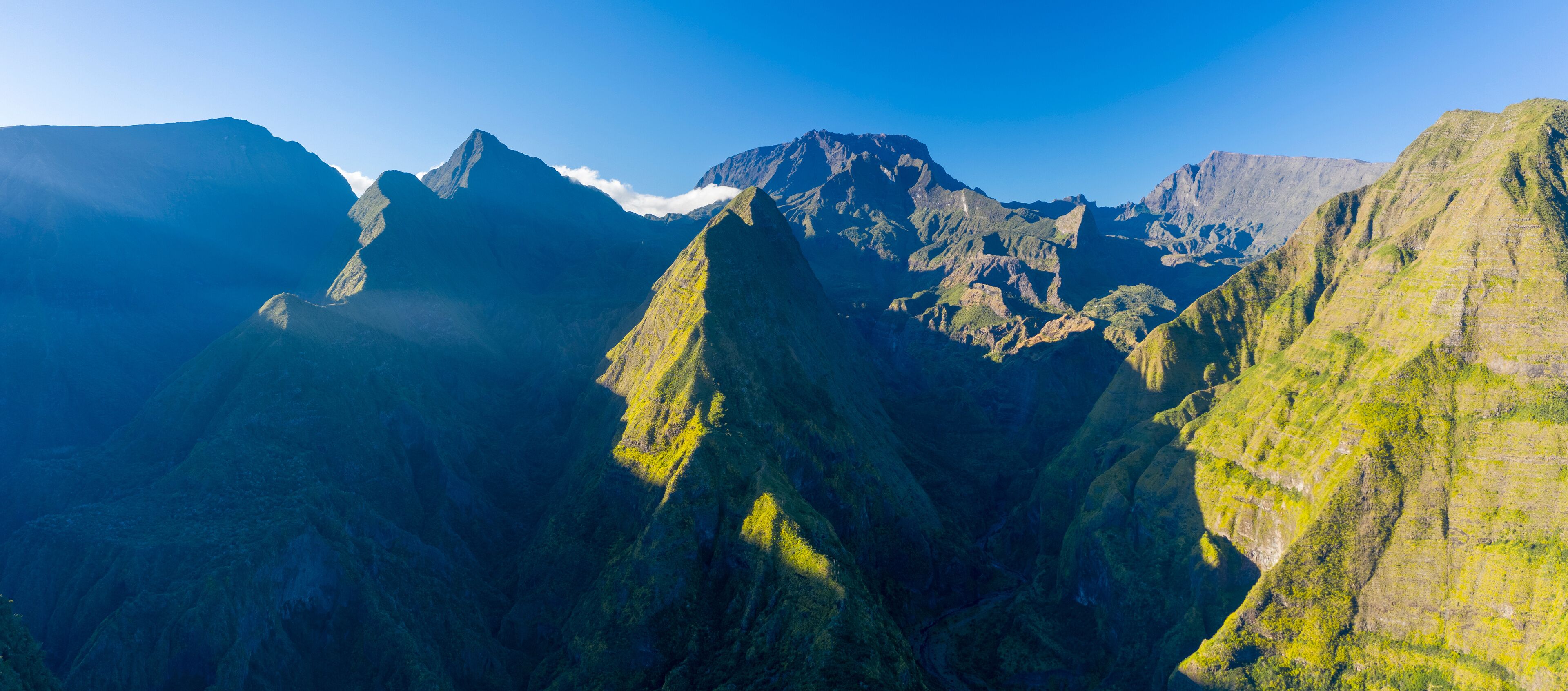 Panoramic aerial view of beautiful landscape mountain at sunset, La Possession, Saint Denis, Reunion.