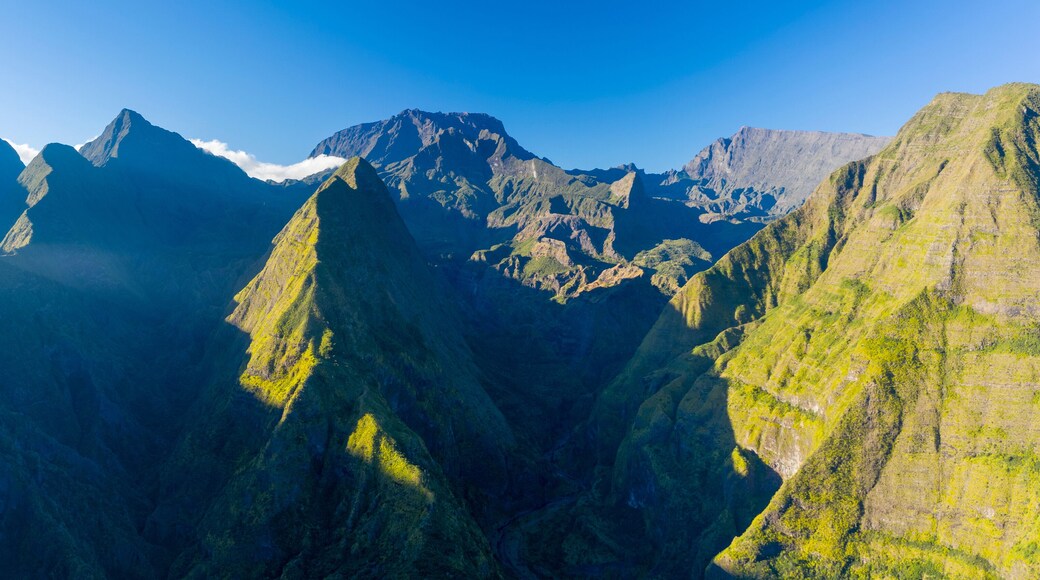 Panoramic aerial view of beautiful landscape mountain at sunset, La Possession, Saint Denis, Reunion.