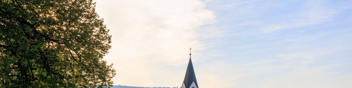 A church with a steeple, a white house, and a green field with a tree.
