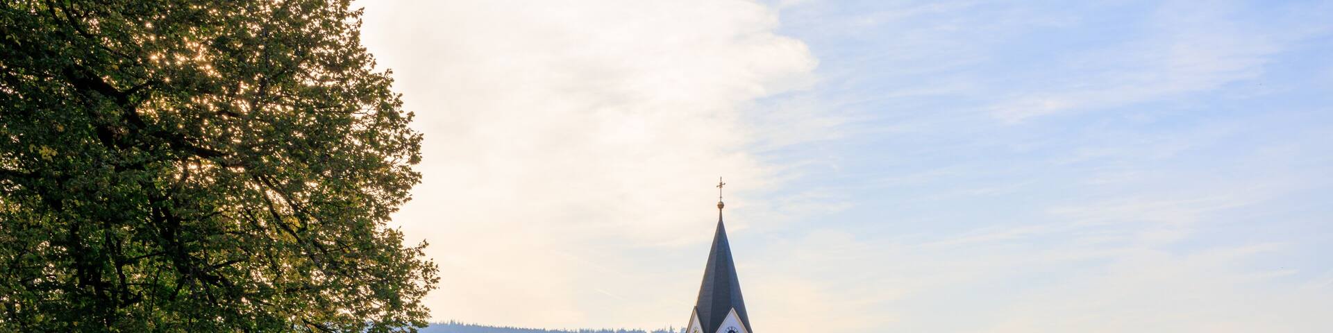 Parish church of the Sacred Heart of Jesus in village Ludwigsthal (Lindberg) with Bavarian Forest National Park mountain panorama, Germany