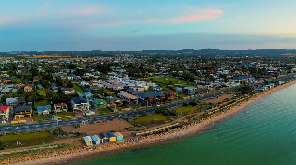 Beautiful aerial panorama of Mornington Peninsula coastline and Port Phillip Bay at dusk