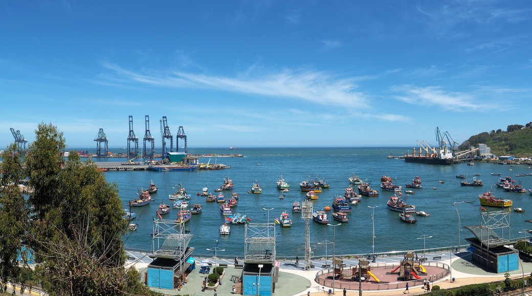 A harbor with numerous boats, cranes, and a cityscape in the background.