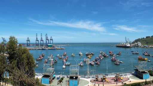 Um porto com muitos barcos, guindastes e uma paisagem urbana ao fundo.
