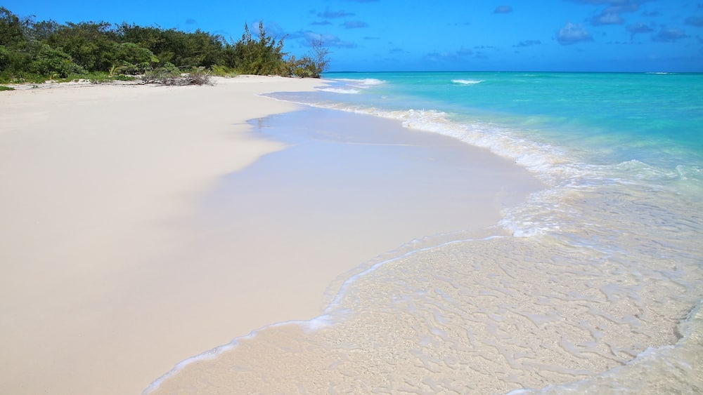 Sandy beach on the shore of Ouvea Lagoon, Mouli Island, Loyalty Islands, New Caledonia.