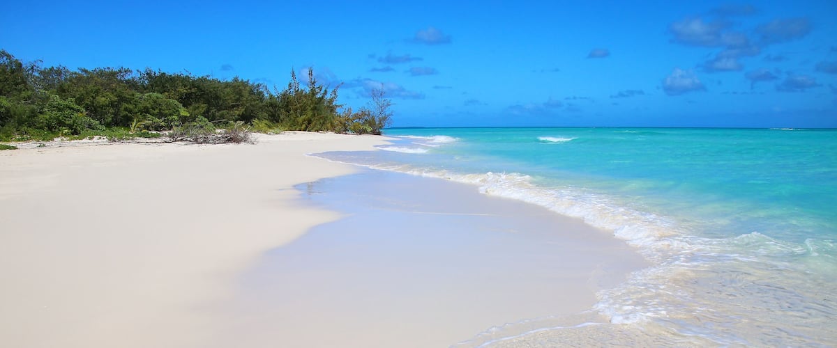A sandy beach with clear turquoise water and a line of vegetation in the background.