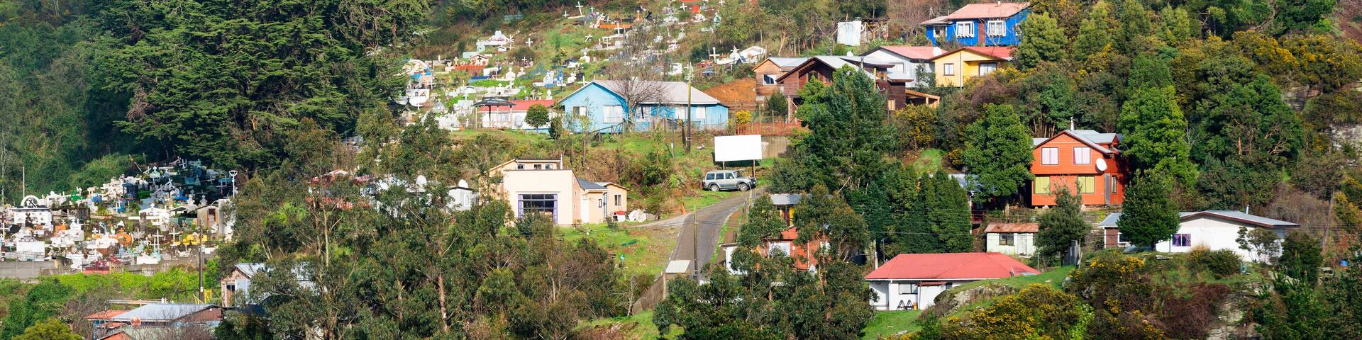 View of Corral, a small town in the river mouth of Valdivia River, Region de Los Rios, Chile