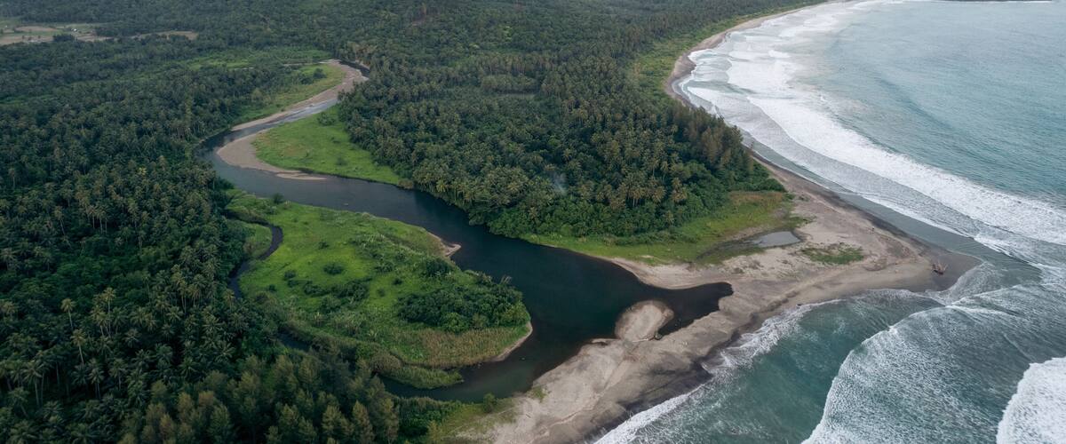 A river winding through a forested area, leading to a beach with waves crashing onto the shore.