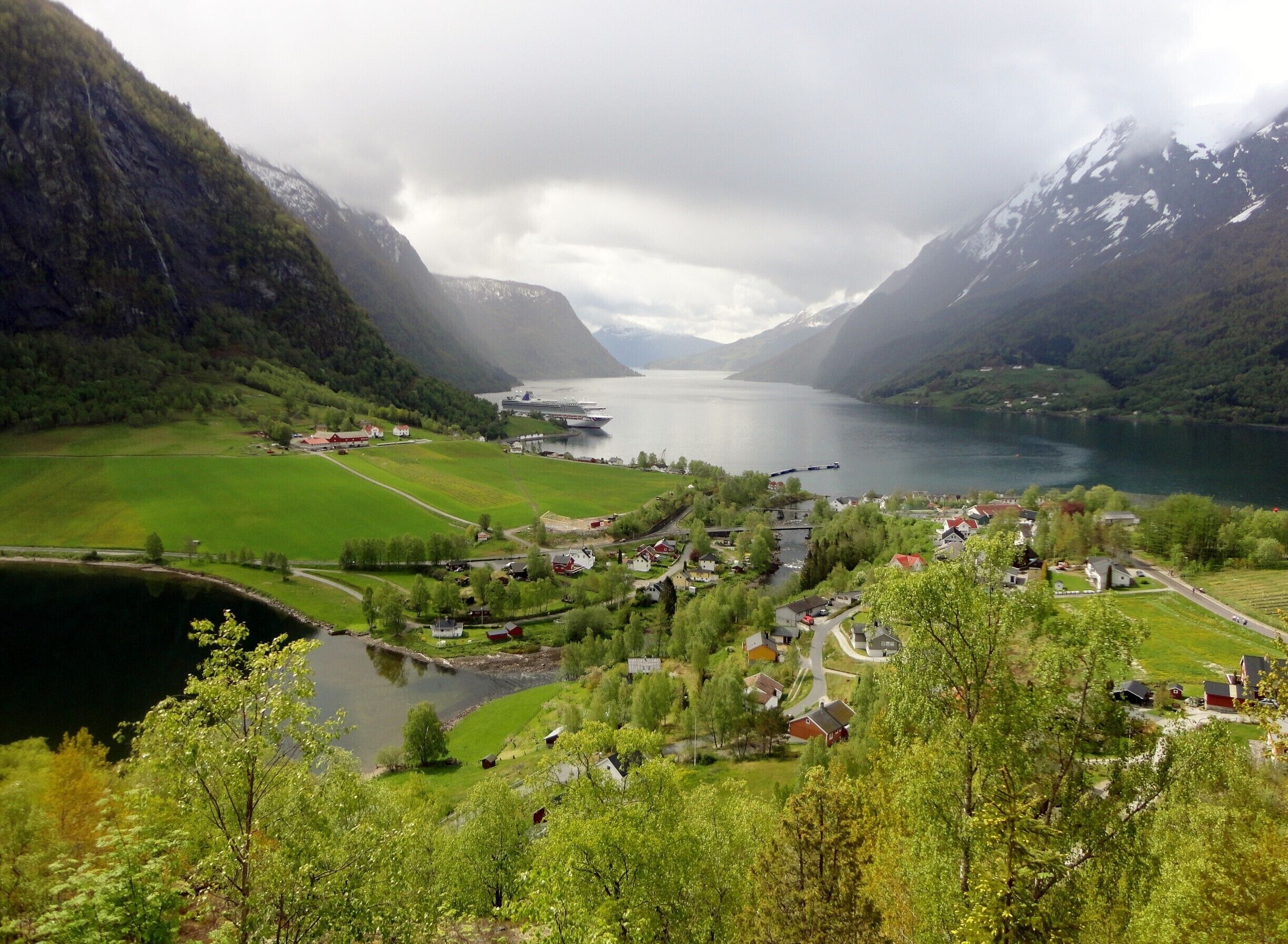 A fjord with a cruise ship, a small village, and mountains.