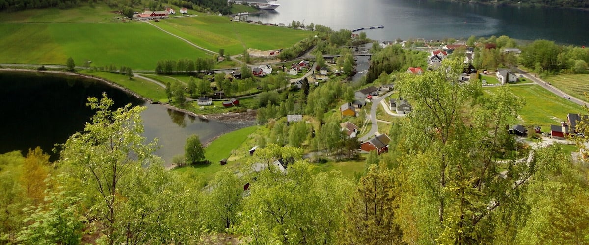 A fjord with a cruise ship, a small village, and mountains.