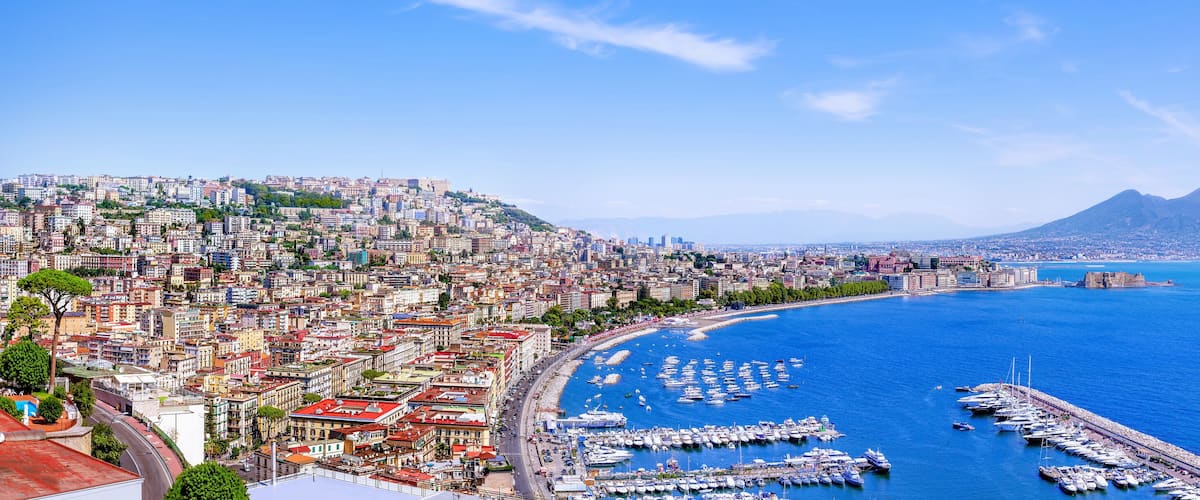 A coastal city with a densely packed urban area, a marina with numerous boats, and a prominent mountain in the background.
