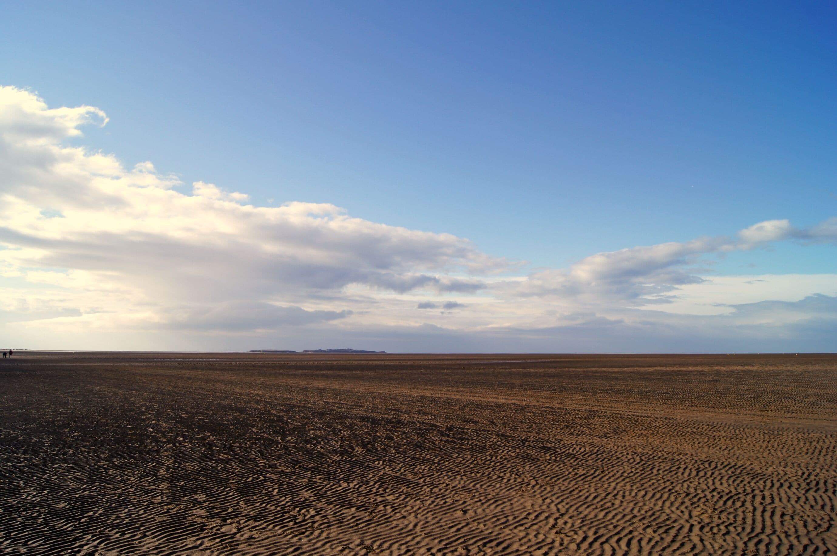 A vast desert landscape with rippled sand dunes under a clear sky.