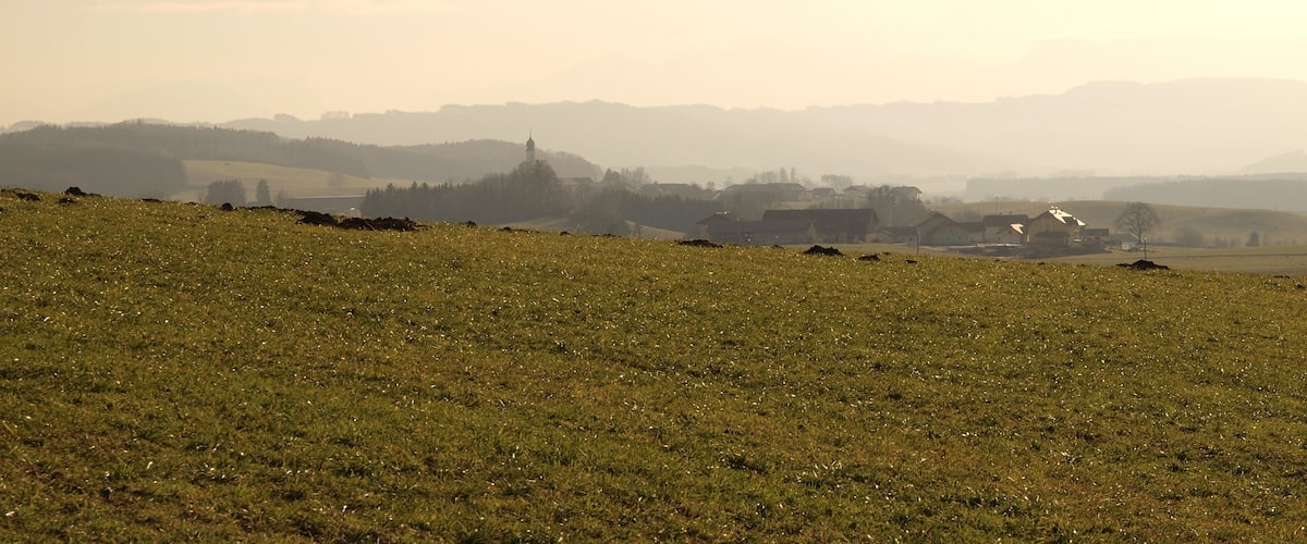 A misty rural landscape with rolling hills, scattered houses, and a prominent church tower.