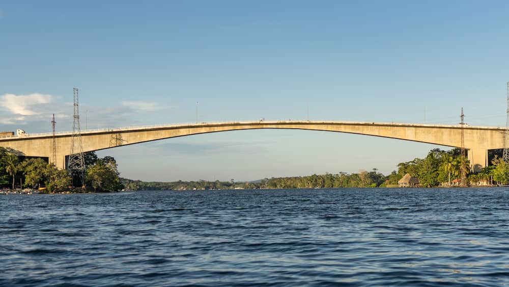 Un grand pont en béton qui enjambe une étendue d’eau, avec des arbres et des bâtiments de chaque côté.