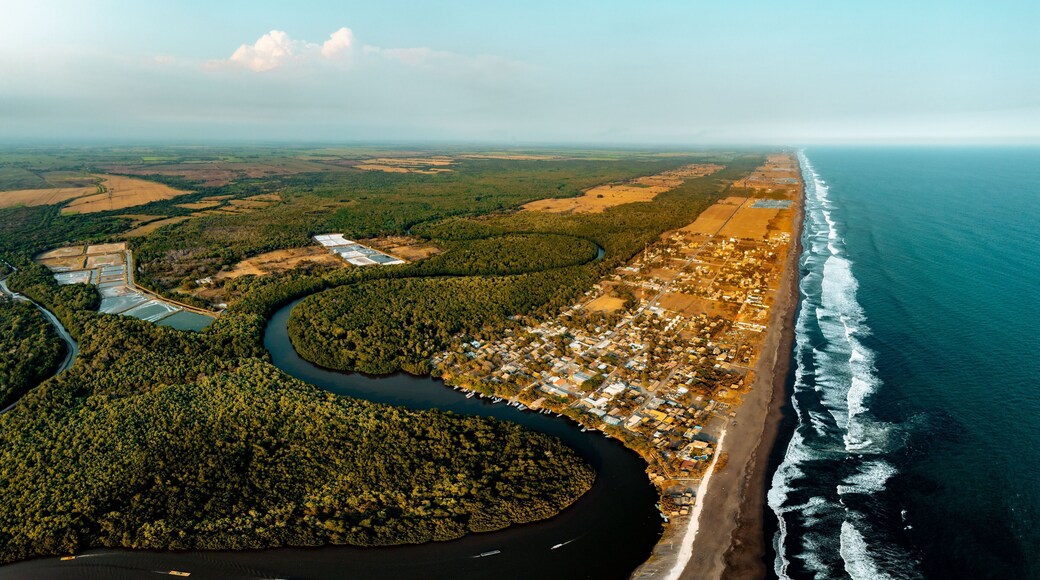 High-angle view of a beautiful river flowing in the forest in El Paredon, Guatemala