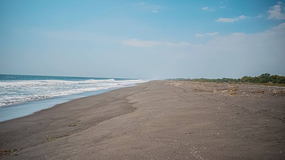 A wide sandy beach with gentle waves, a clear sky, and distant greenery.