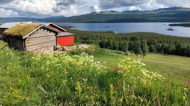 A wooden cabin with a red roof, a grassy field with wildflowers, and a lake surrounded by mountains.