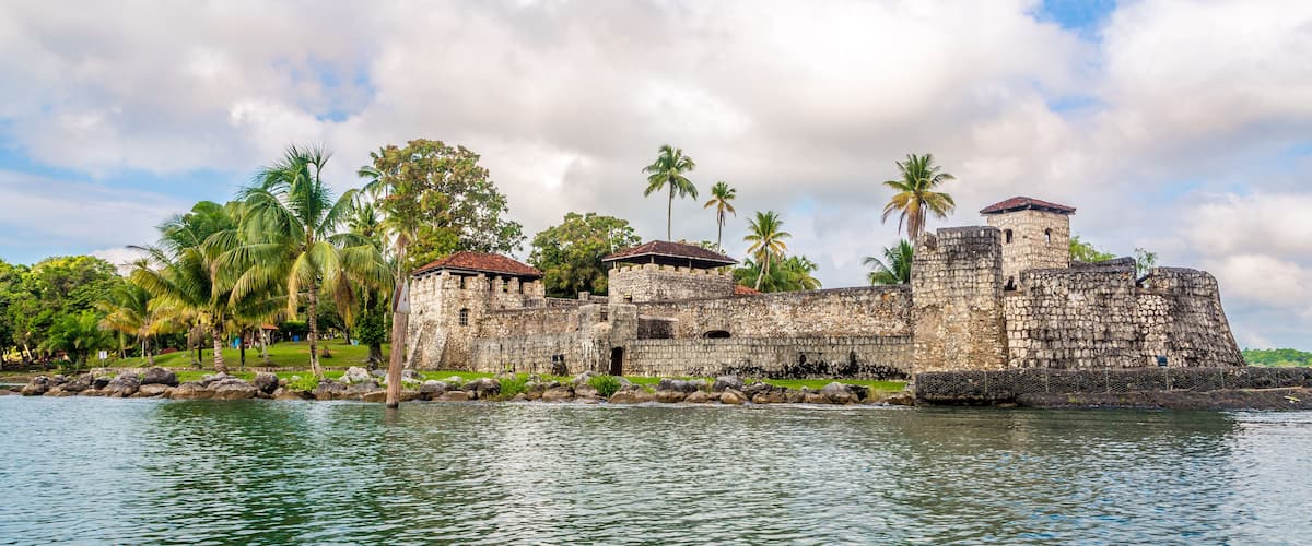 Spanish colonial fort Castle of San Felipe de Lara at the entrance to Lake Izabal in Guatemala