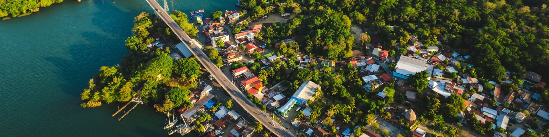 An aerial view of a coastal town with a bridge, dense greenery, and a large body of water.