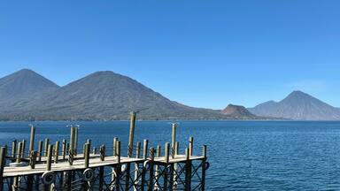Volcanoes along Lake Atitlan at San Antonio Palopo in Guatemala