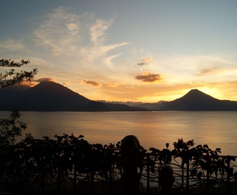 View from our villa deck at this super-luxe hotel in the stunning lake Atitlan in Guatemala.  We are certain we have never had a more sublime view.  Gigantic crater lane surrounded by volcanoes.  An ancient Mayan temple at the bottom of the lake.  And Frette bathrobes.  