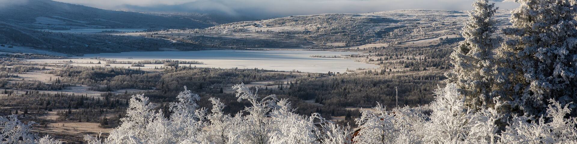View of Sore Syndin Lake from Ulset in Vestre Slidre at Late Autumn, with a Magical Mix of Clouds and Sunny Weather