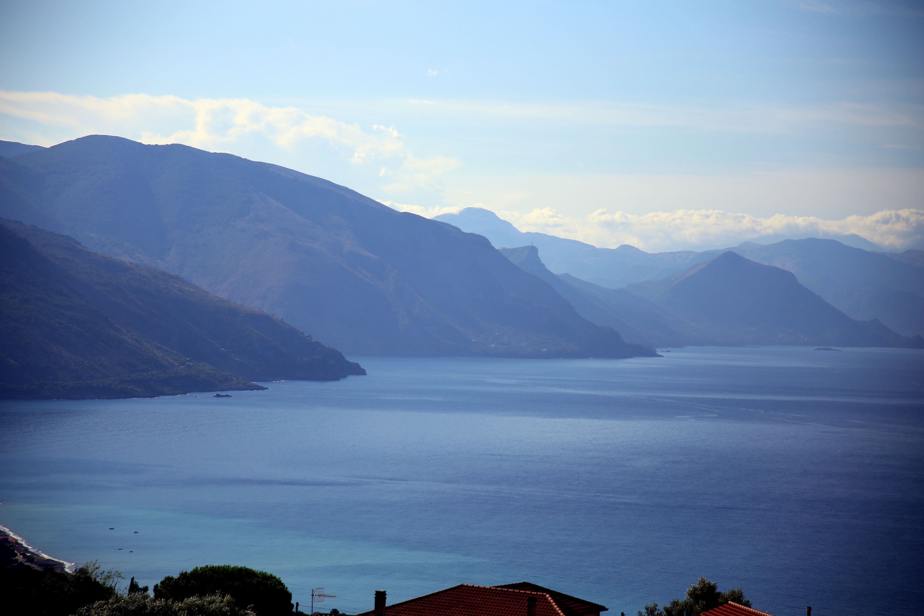 Top view of the silhouette of the coastal mountain range of the Gulf of Policastro, Ispani, Cilento, Campania, Italy