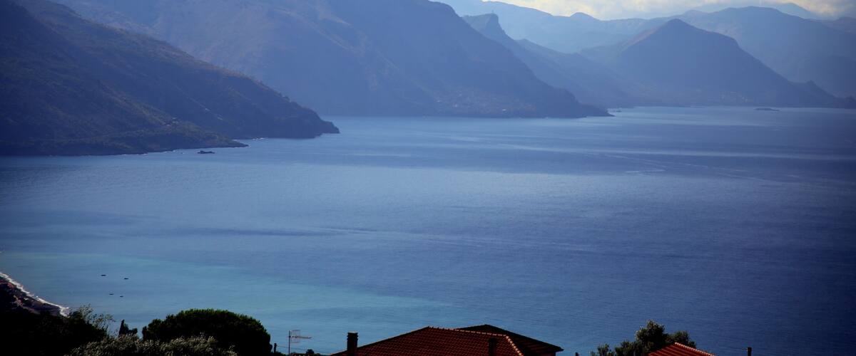 Top view of the silhouette of the coastal mountain range of the Gulf of Policastro, Ispani, Cilento, Campania, Italy