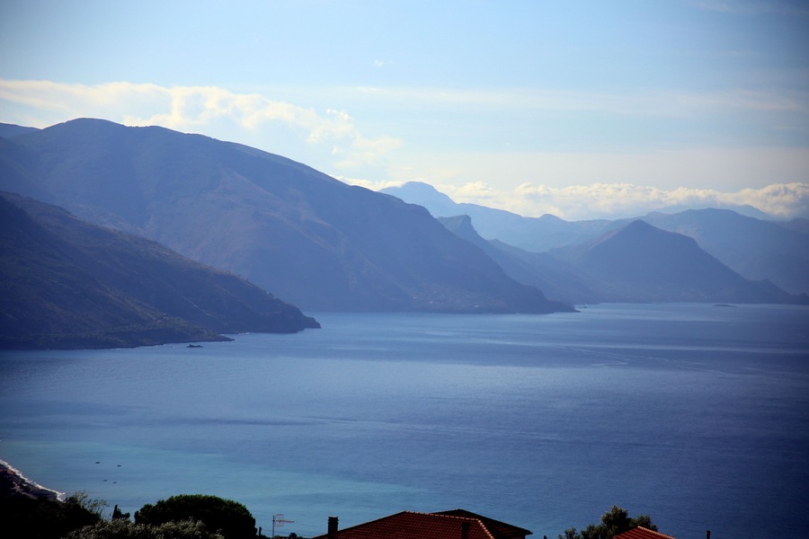 Top view of the silhouette of the coastal mountain range of the Gulf of Policastro, Ispani, Cilento, Campania, Italy
